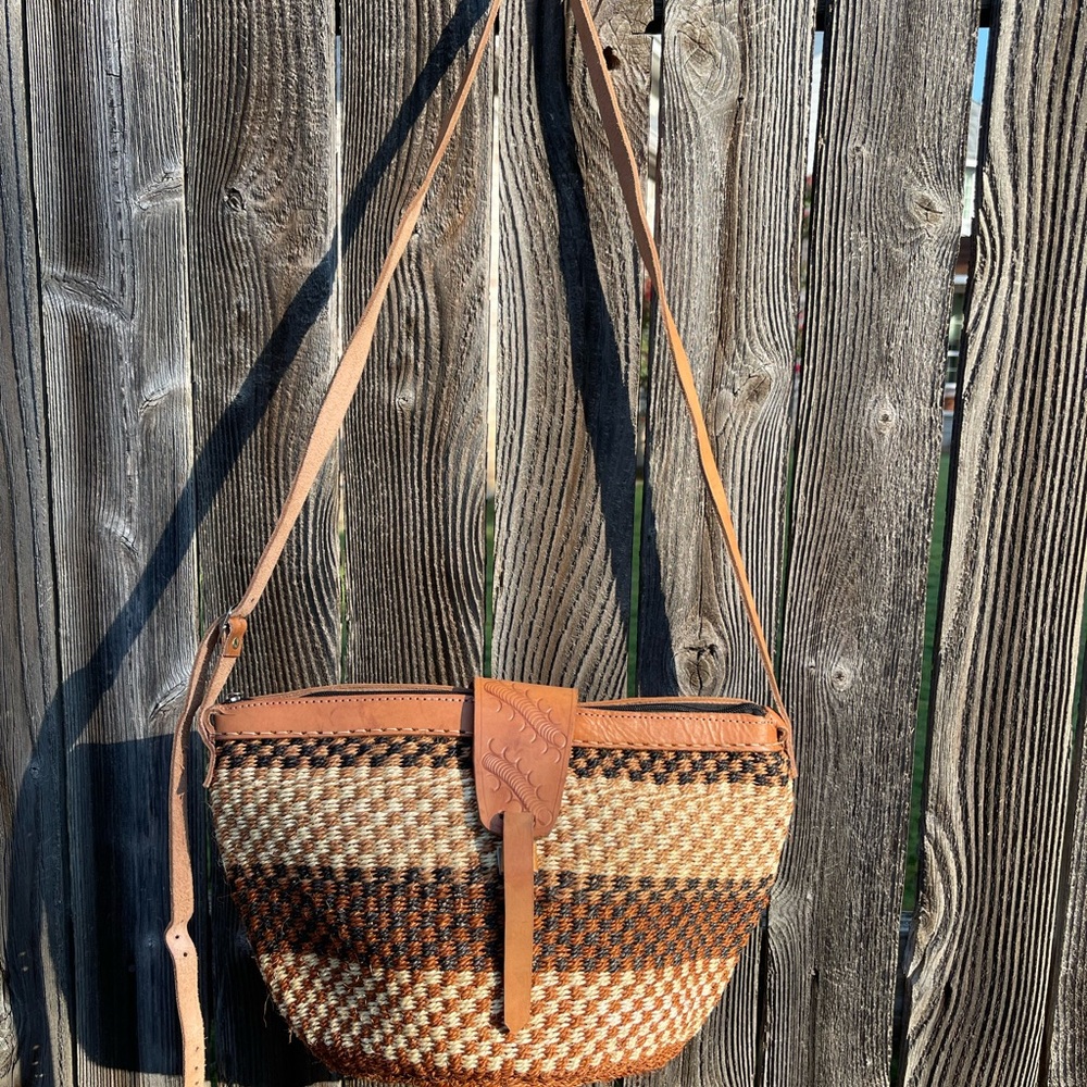 Handmade in Kenya Sisal and Leather Woven Shoulder Bag